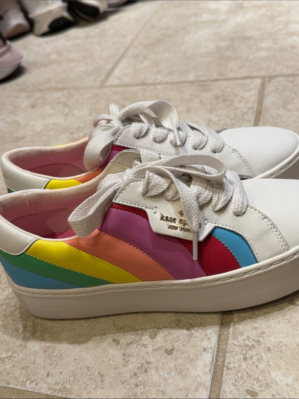 kate spade White Leather Sneakers with Pink, Blue & Yellow Accents - Picture 4 of 12